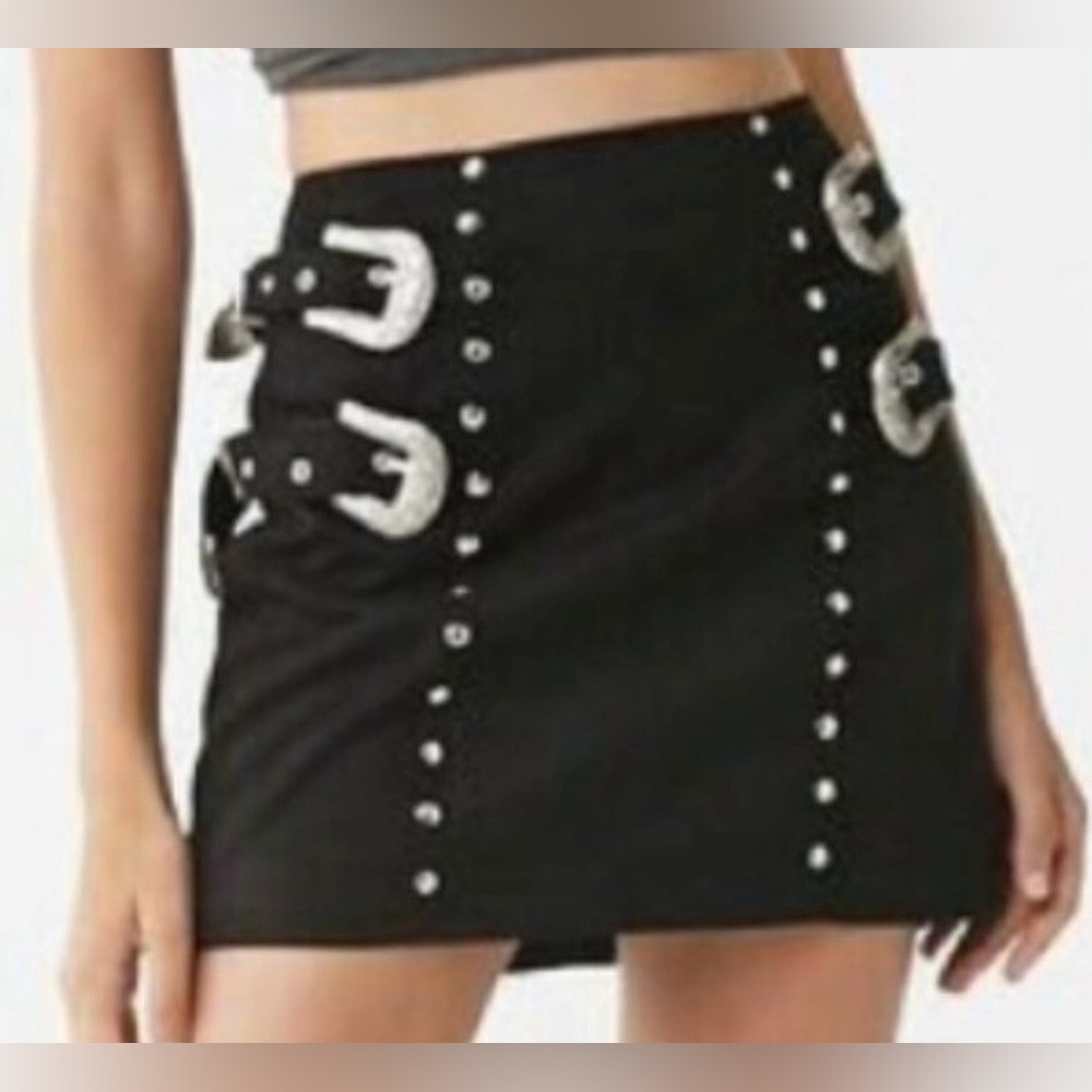 Forever 21 Black Mini Skirt with Silver Buckle Details